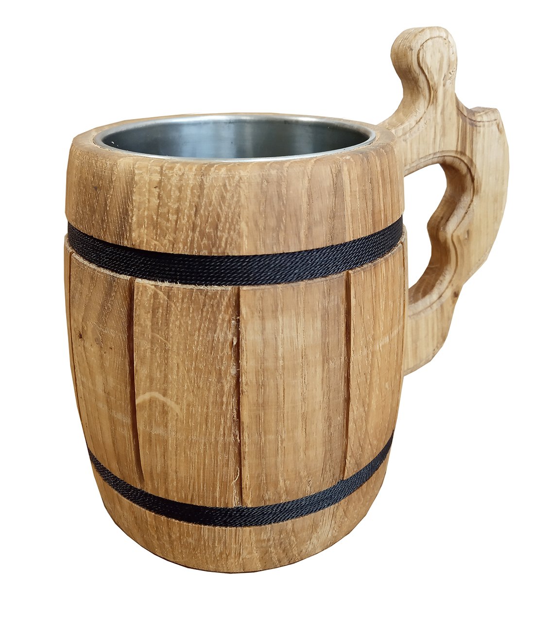Ručne vyrobený drevený pohár s čiernymi obručami 0,5L a nerezovým vnútrom