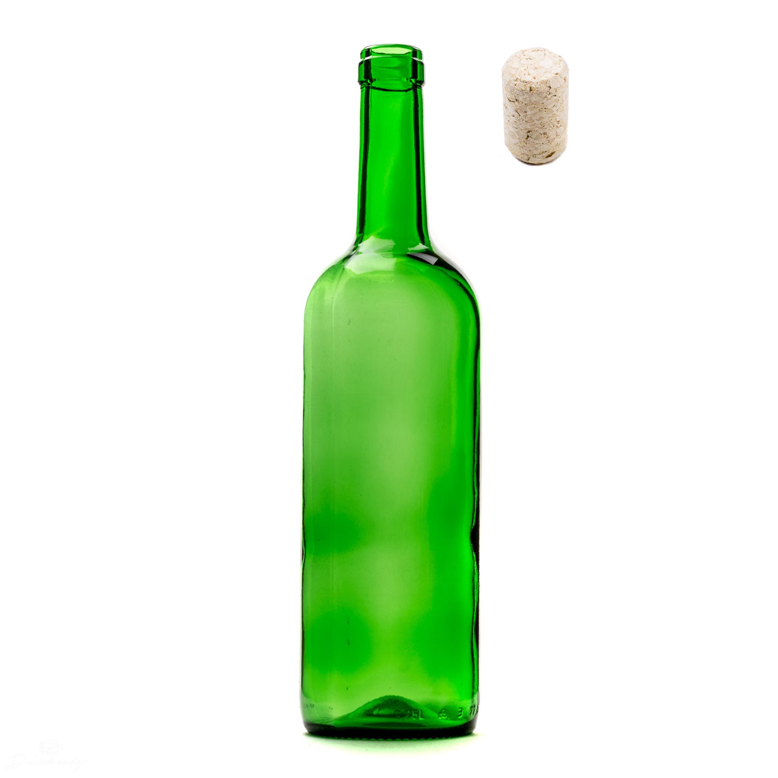 Sklenená fľaša na víno BORDEAUX zelená 750 ml s korkom