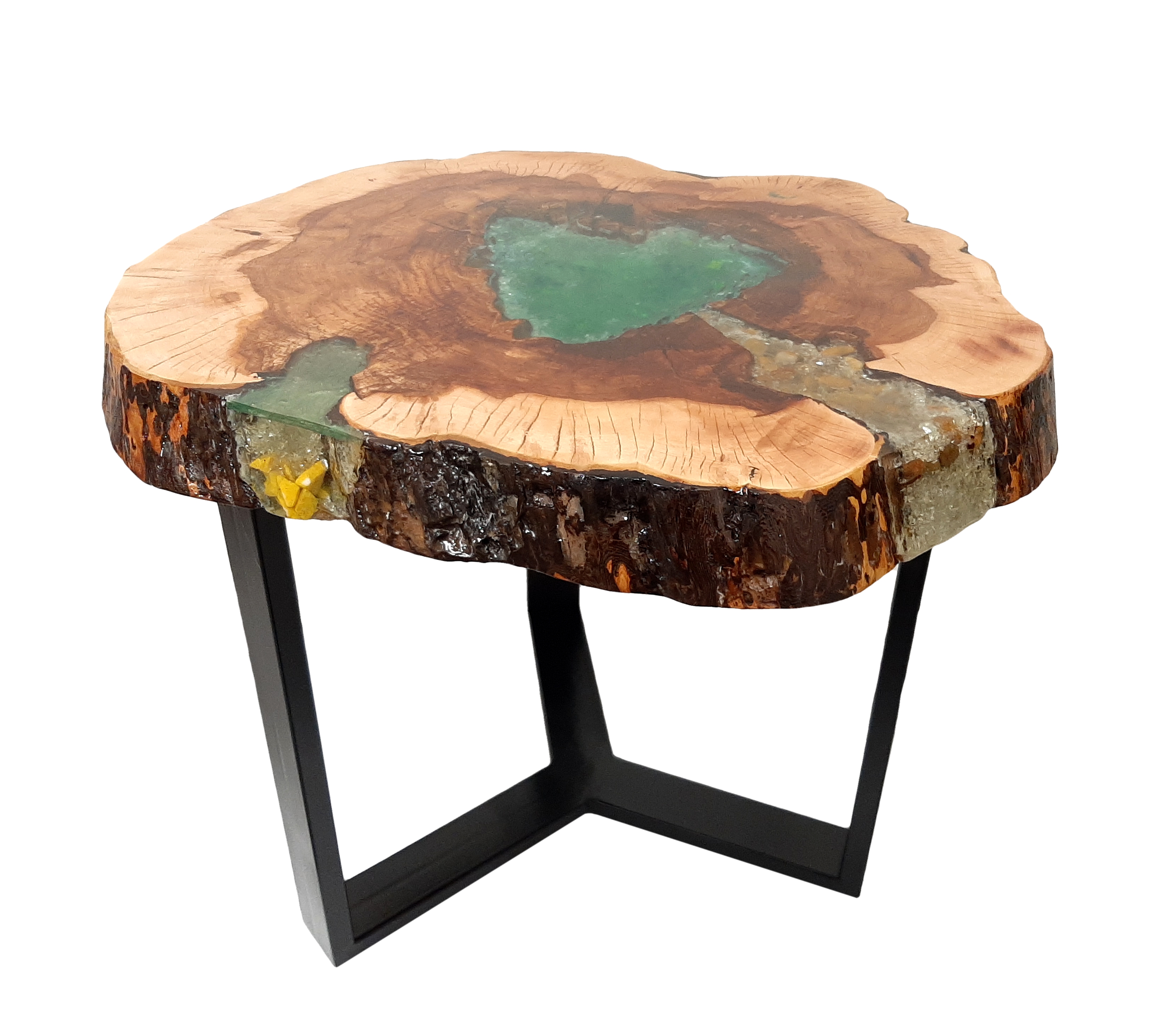 Stôl z orechového dreva a kovovou podnozou